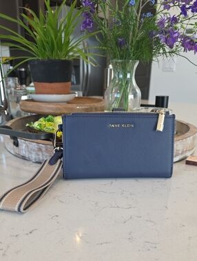 Anne Klein Blue Zip Wristlet with Striped Strap